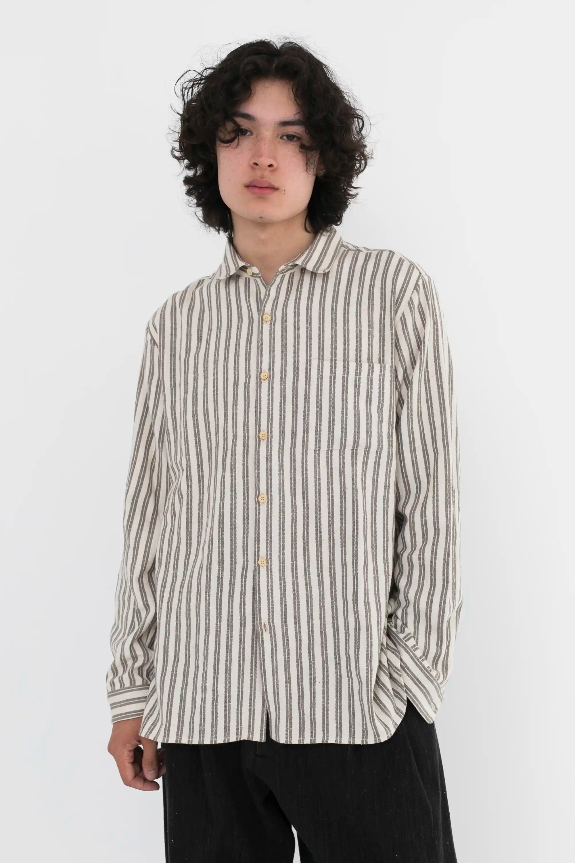 CHARCOAL ESSENTIAL STRIPE COTTON SHIRT back view