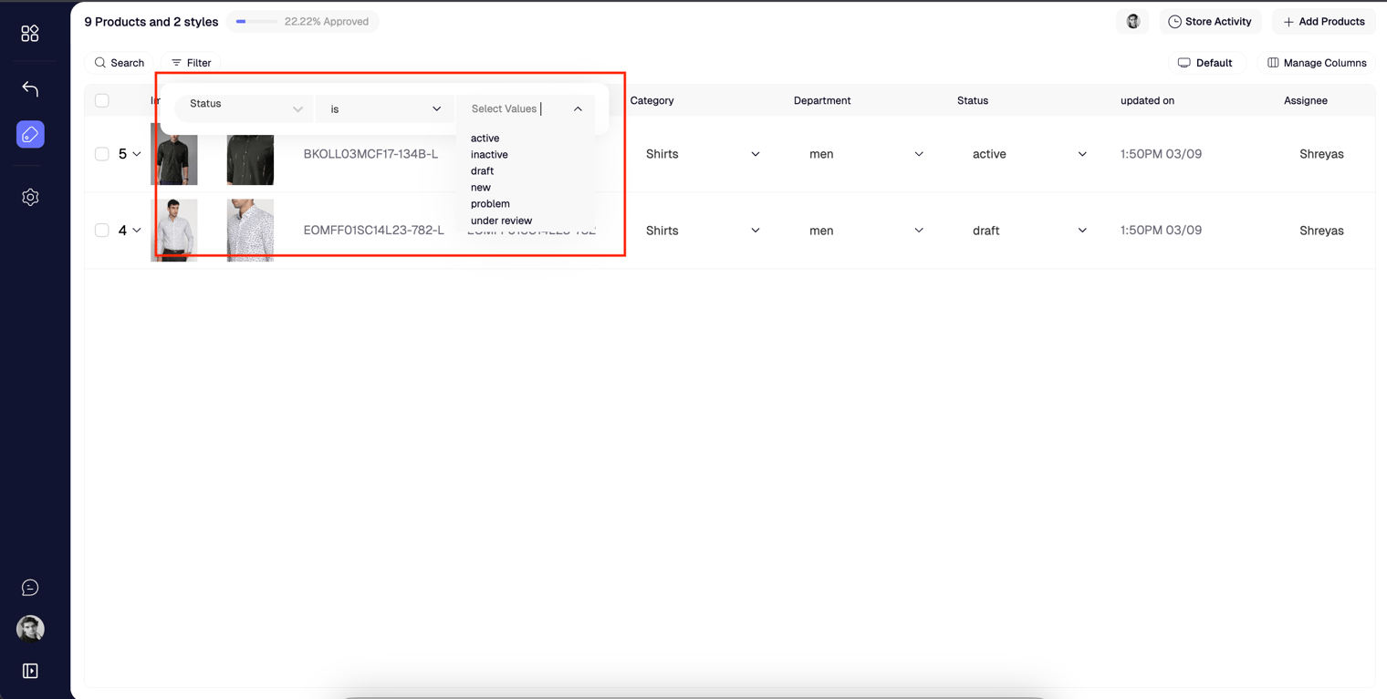 Filter value selection